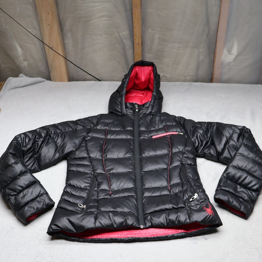 Spyder Down Jacket Womens Small Hooded Insulated Black Light Pack Quilted Puffer